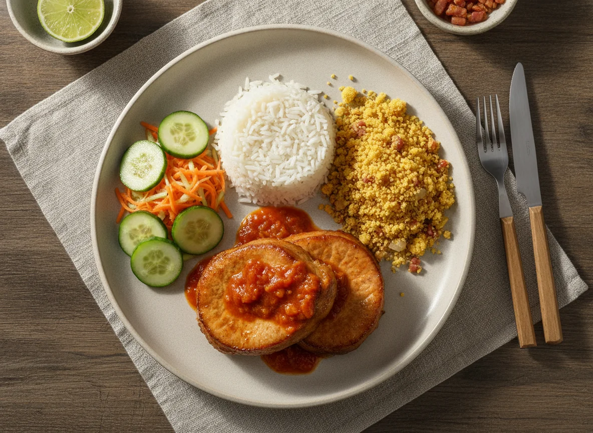 Lombo de porco com arroz, farofa e salada photo