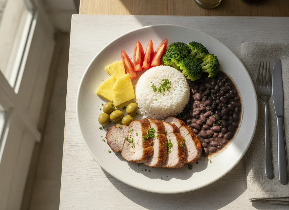Lombo de porco com arroz, feijão e vegetais photo