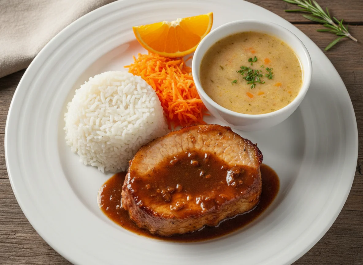 Lombo de porco com arroz, sopa de legumes, cenoura ralada e laranja photo