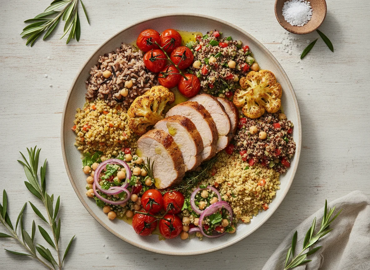 Lombo de porco com mix de grãos e vegetais assados photo