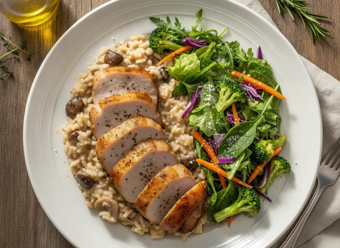 Lombo suíno com risoto de cogumelos e salada mista photo