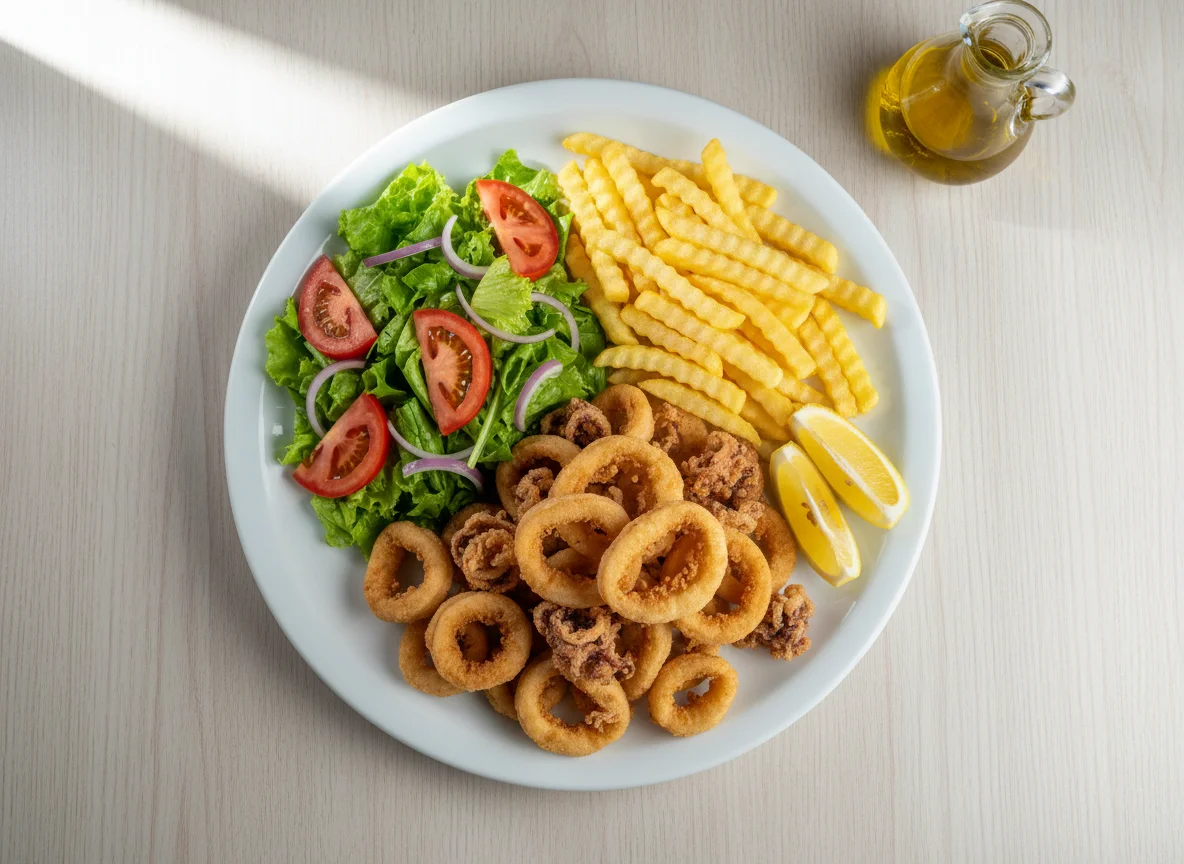 Lulas fritas com batatas fritas e salada photo