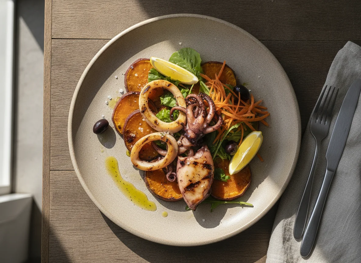 Lulas grelhadas com batata doce e salada photo