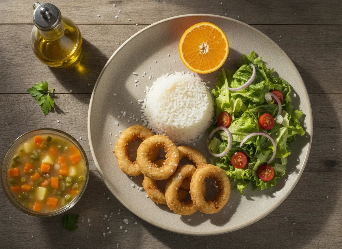 Lulas panadas com arroz, salada, sopa e laranja photo