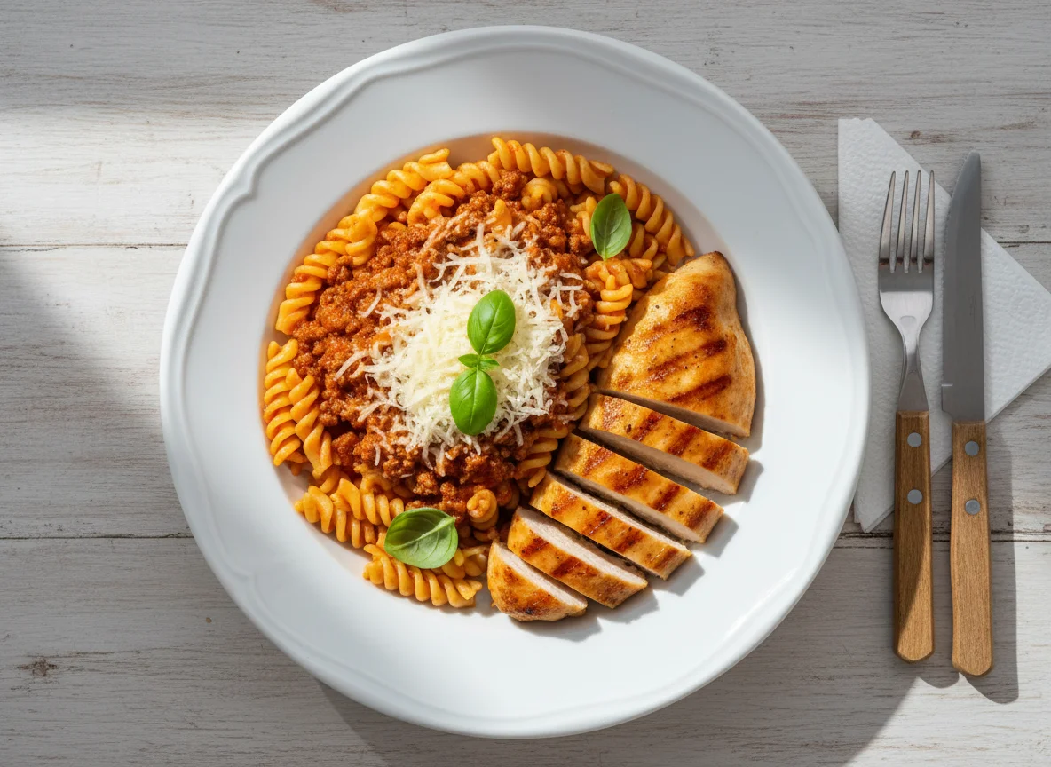 Macarrão à bolonhesa com frango photo
