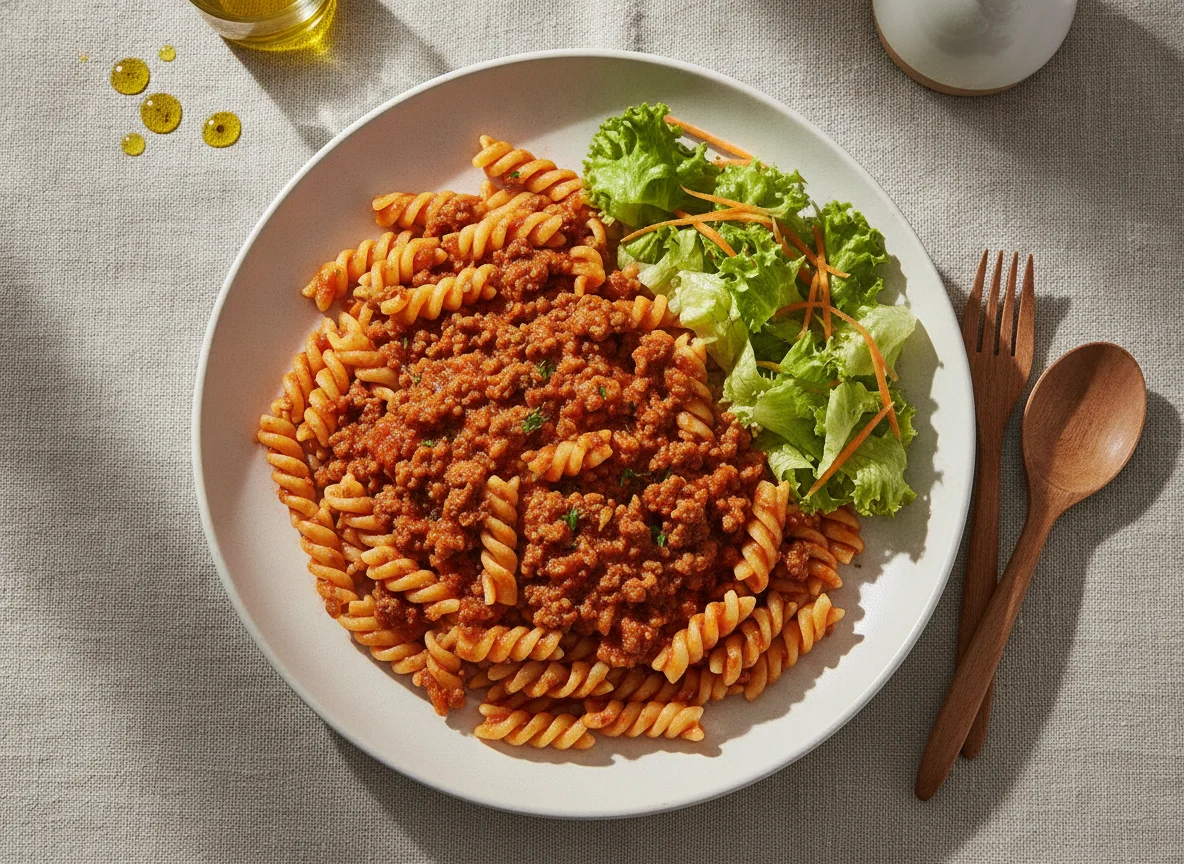 Macarrão à Bolonhesa com Salada de Alface photo