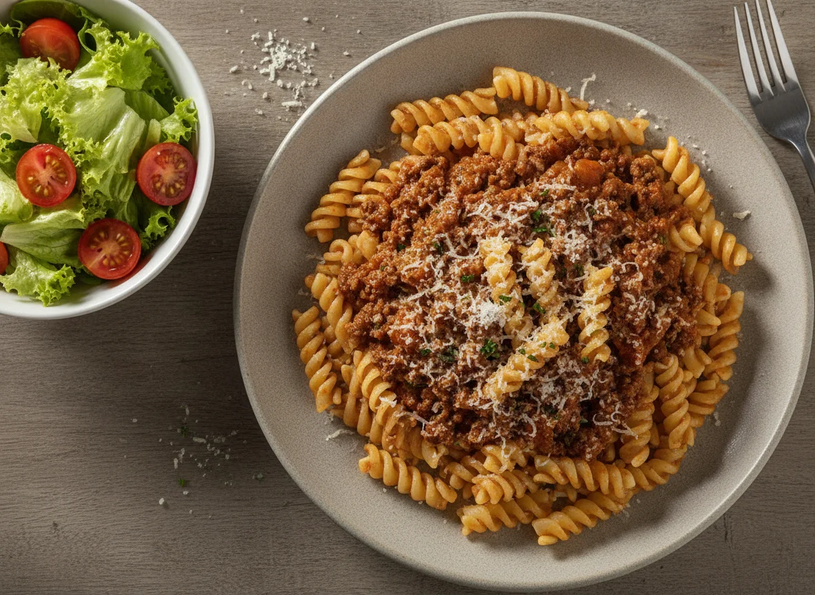 Macarrão à bolonhesa com salada de alface e tomate cereja photo