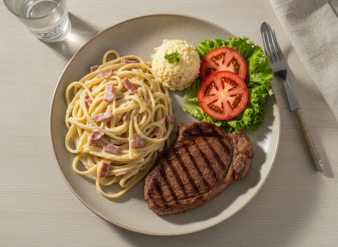 Macarrão ao molho branco com bife e salada photo