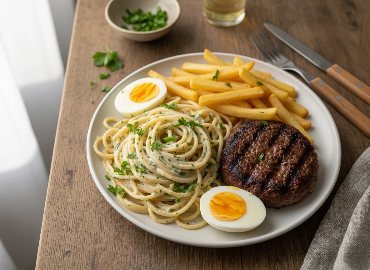 Macarrão ao molho branco com hambúrguer, batata frita e ovos cozidos photo