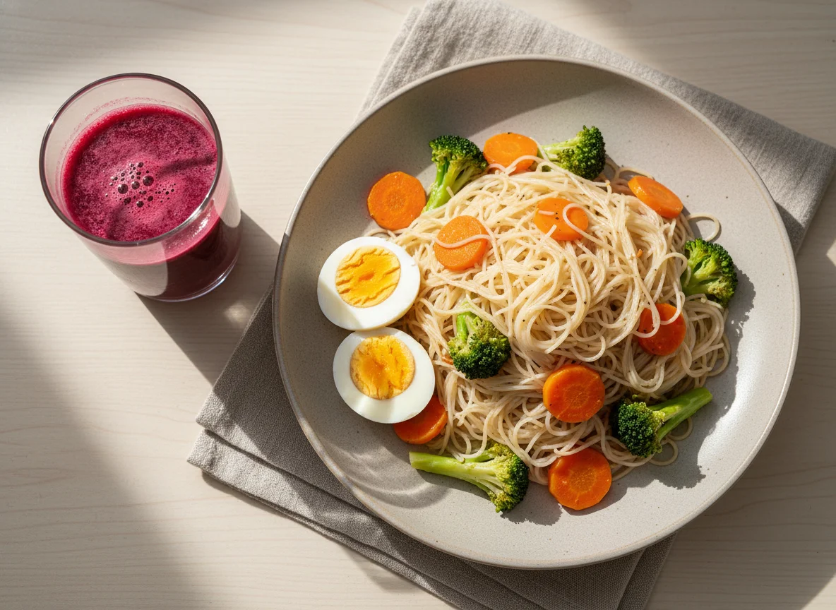Macarrão bifum com legumes e suco photo