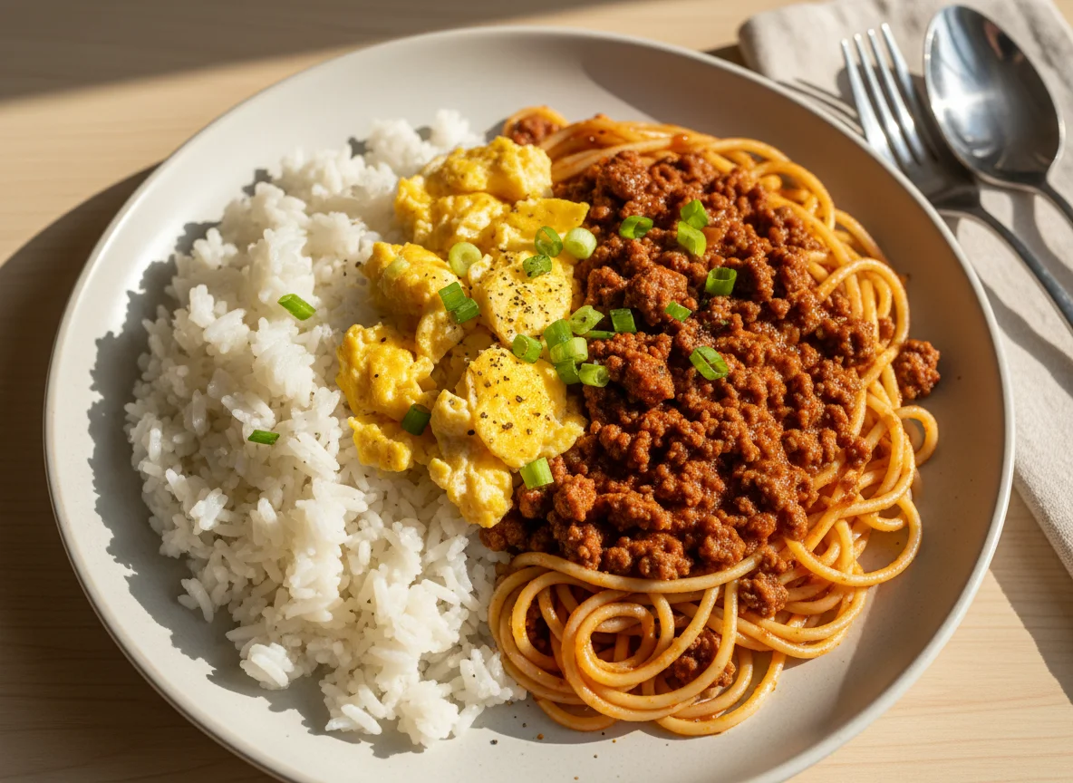 Macarrão com arroz, carne moída e ovo photo
