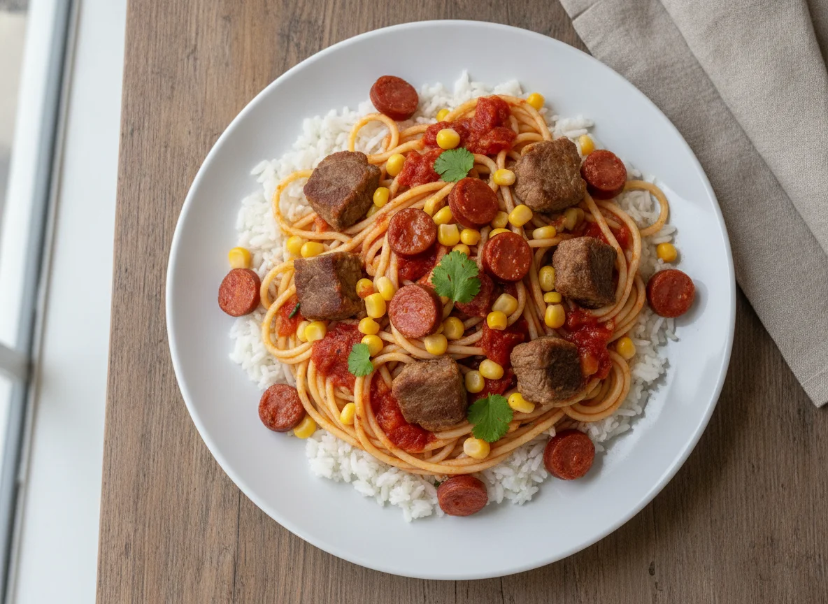 Macarrão com arroz, milho e carne photo