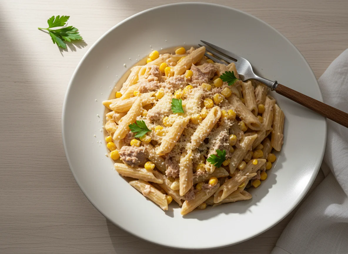 Macarrão com atum, milho e queijo photo