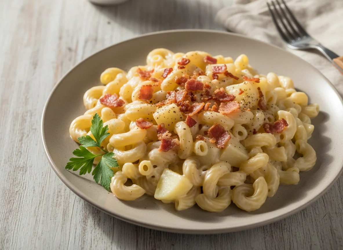 Macarrão com batatas e molho branco photo