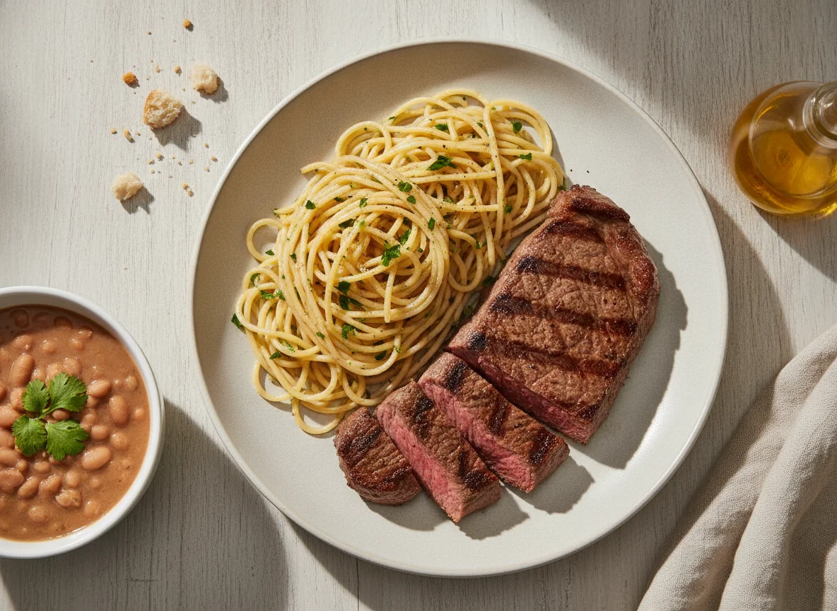 Macarrão com bife de carne bovina photo