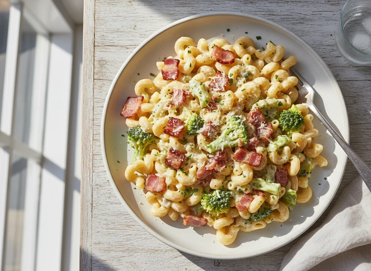 Macarrão com brócolis, bacon e molho branco photo