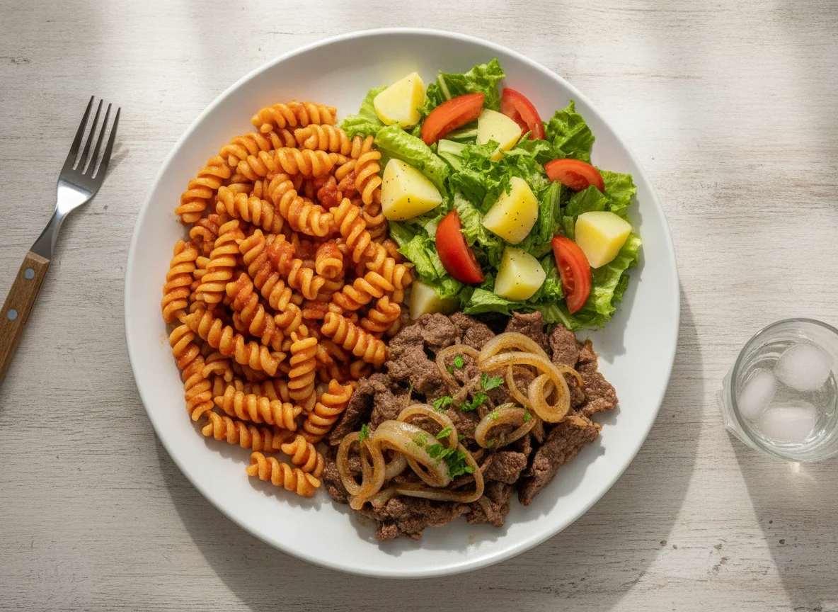 Macarrão com carne acebolada e salada photo