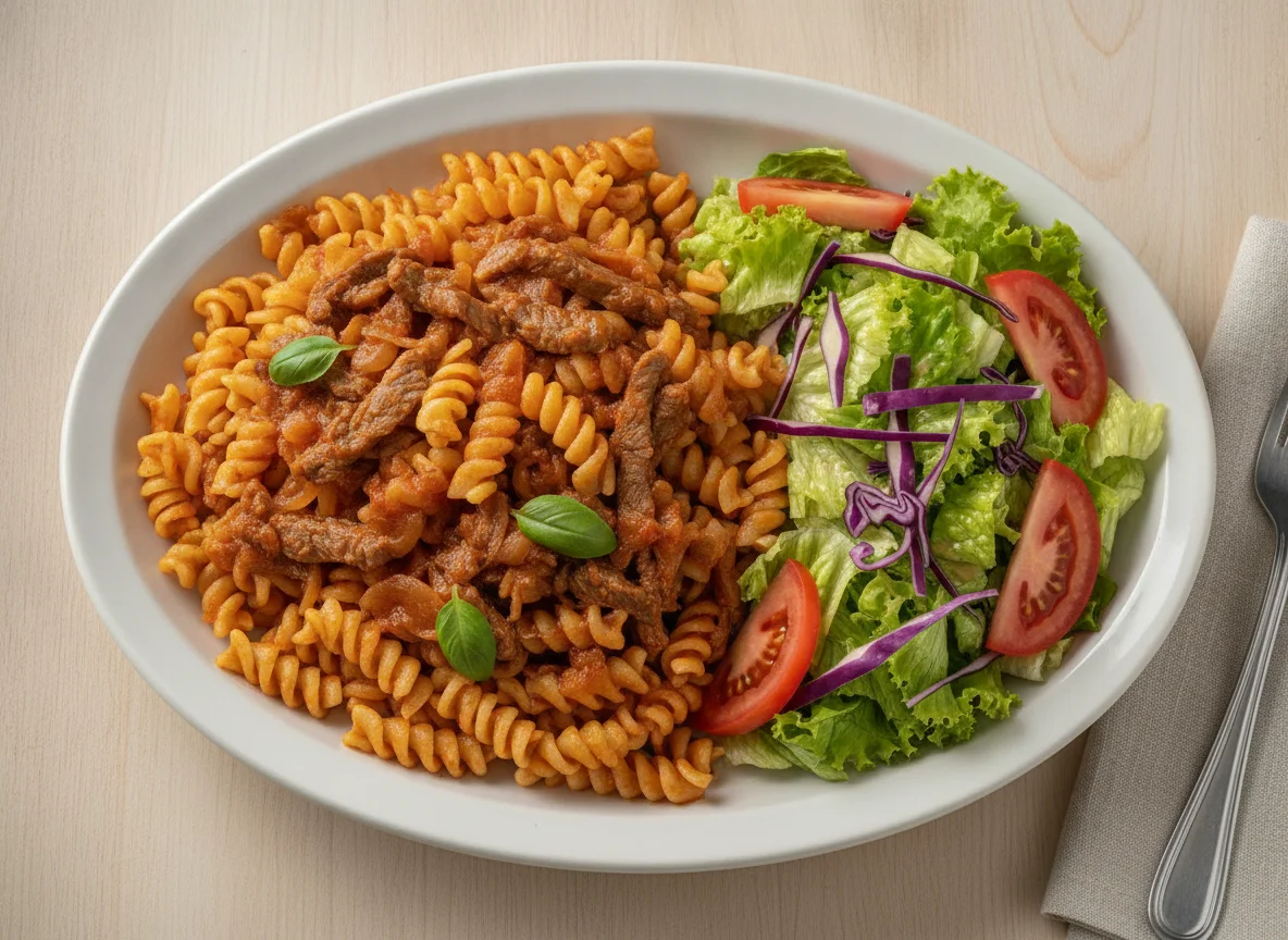 Macarrão com Carne ao Molho e Salada Mista photo