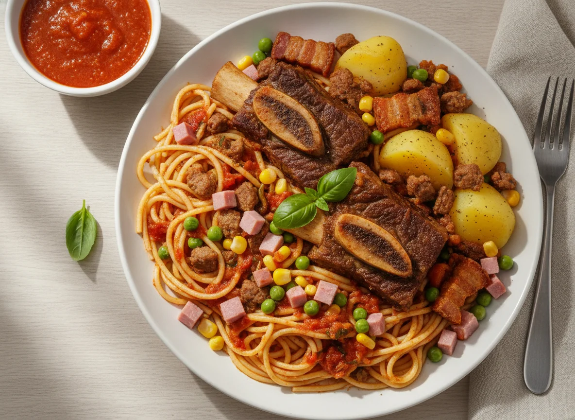 Macarrão com carne, batata e acompanhamentos photo