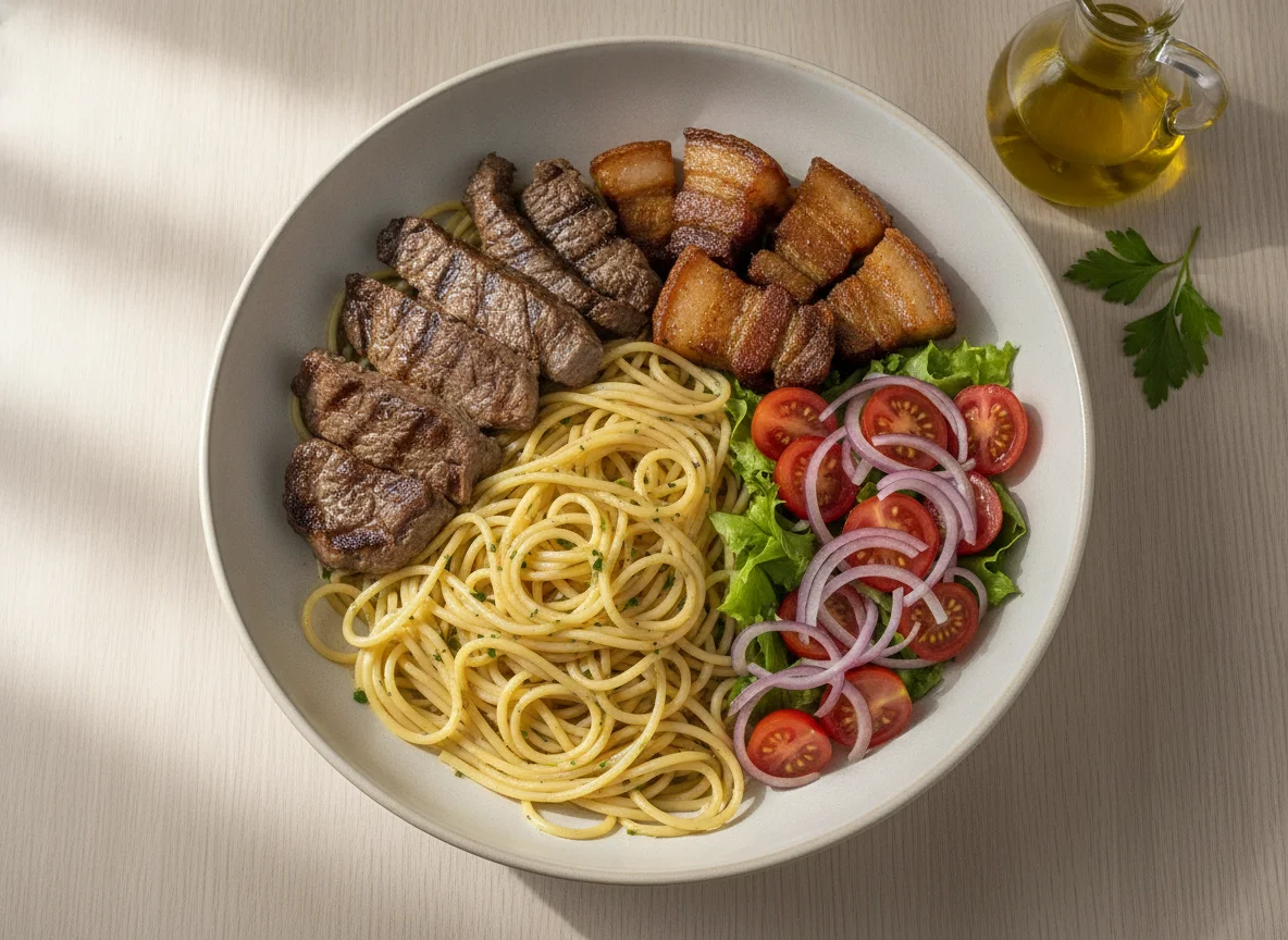 Macarrão com Carne Bovina, Barriga de Porco e Salada photo