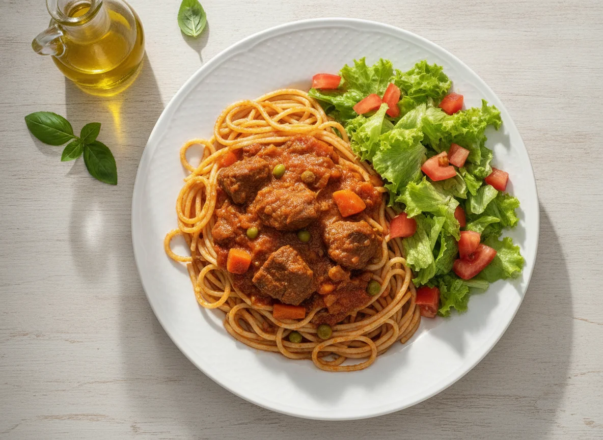 Macarrão com Carne de Panela e Salada photo