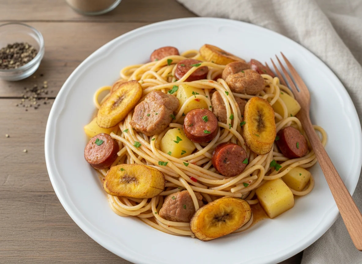 Macarrão com carne de porco, batata e linguiça photo