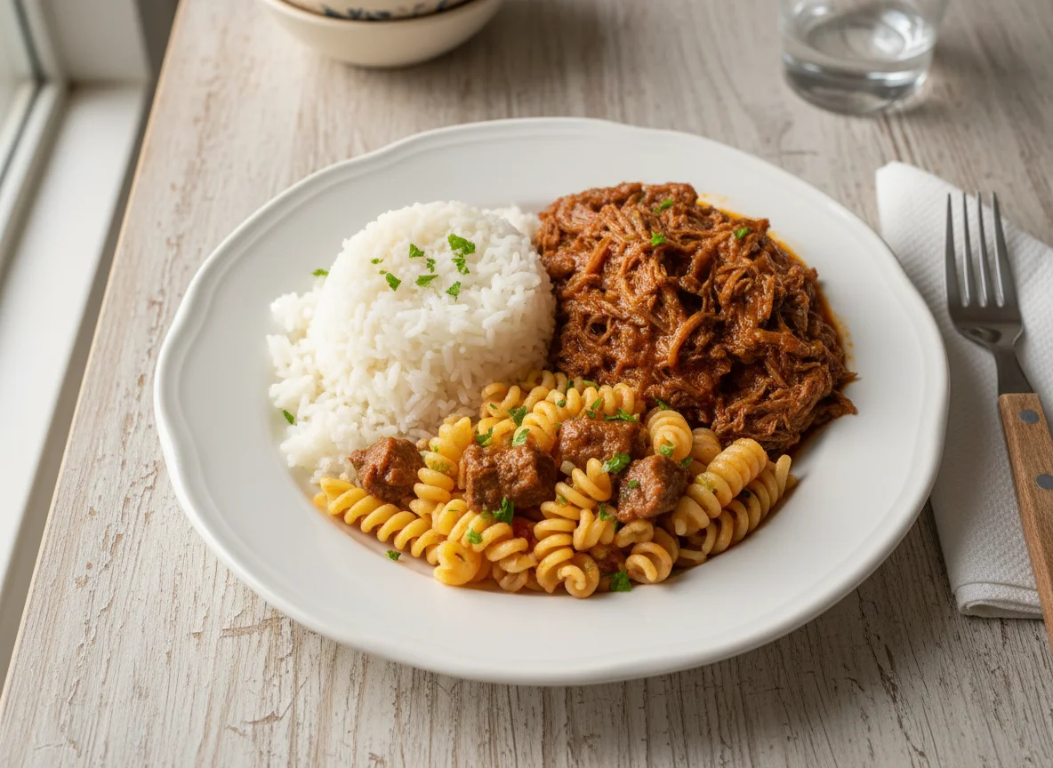 Macarrão com carne e arroz photo