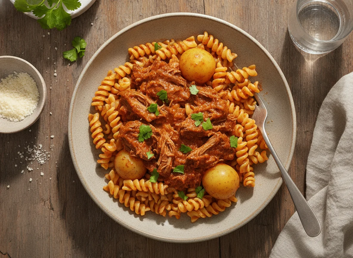 Macarrão com carne e batata photo