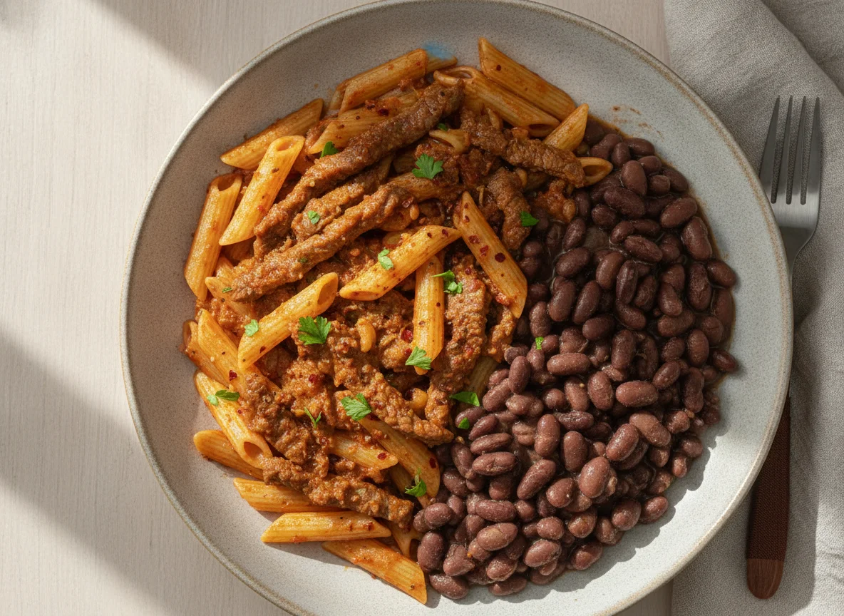 Macarrão com carne e feijão photo