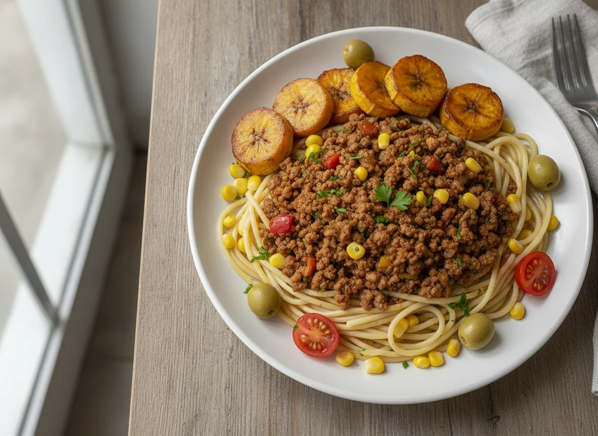 Macarrão com carne moída, batata doce e banana photo