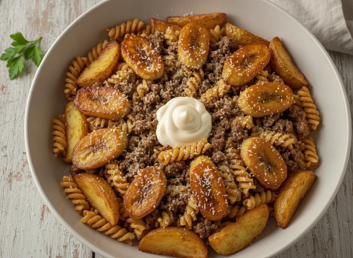 Macarrão com carne moída, batatas e banana photo