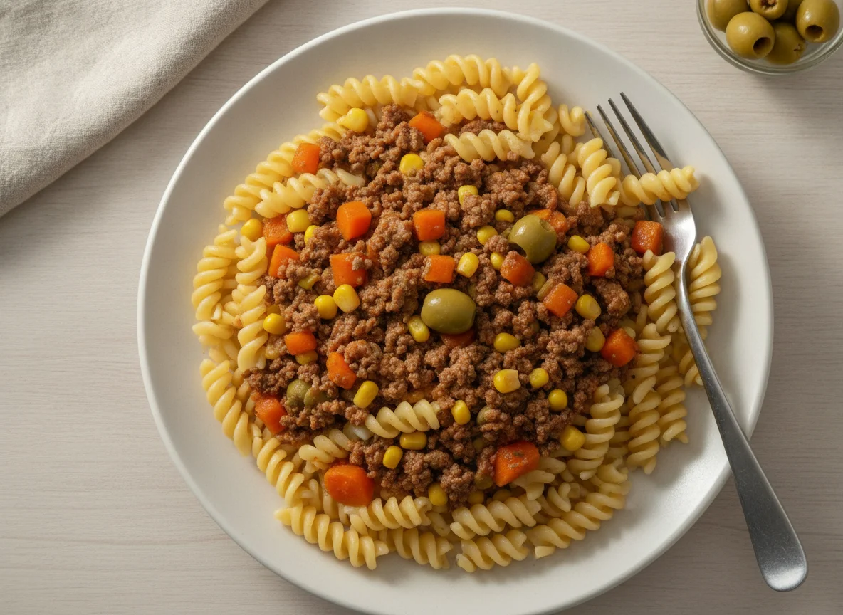Macarrão com carne moída, cenoura e milho photo