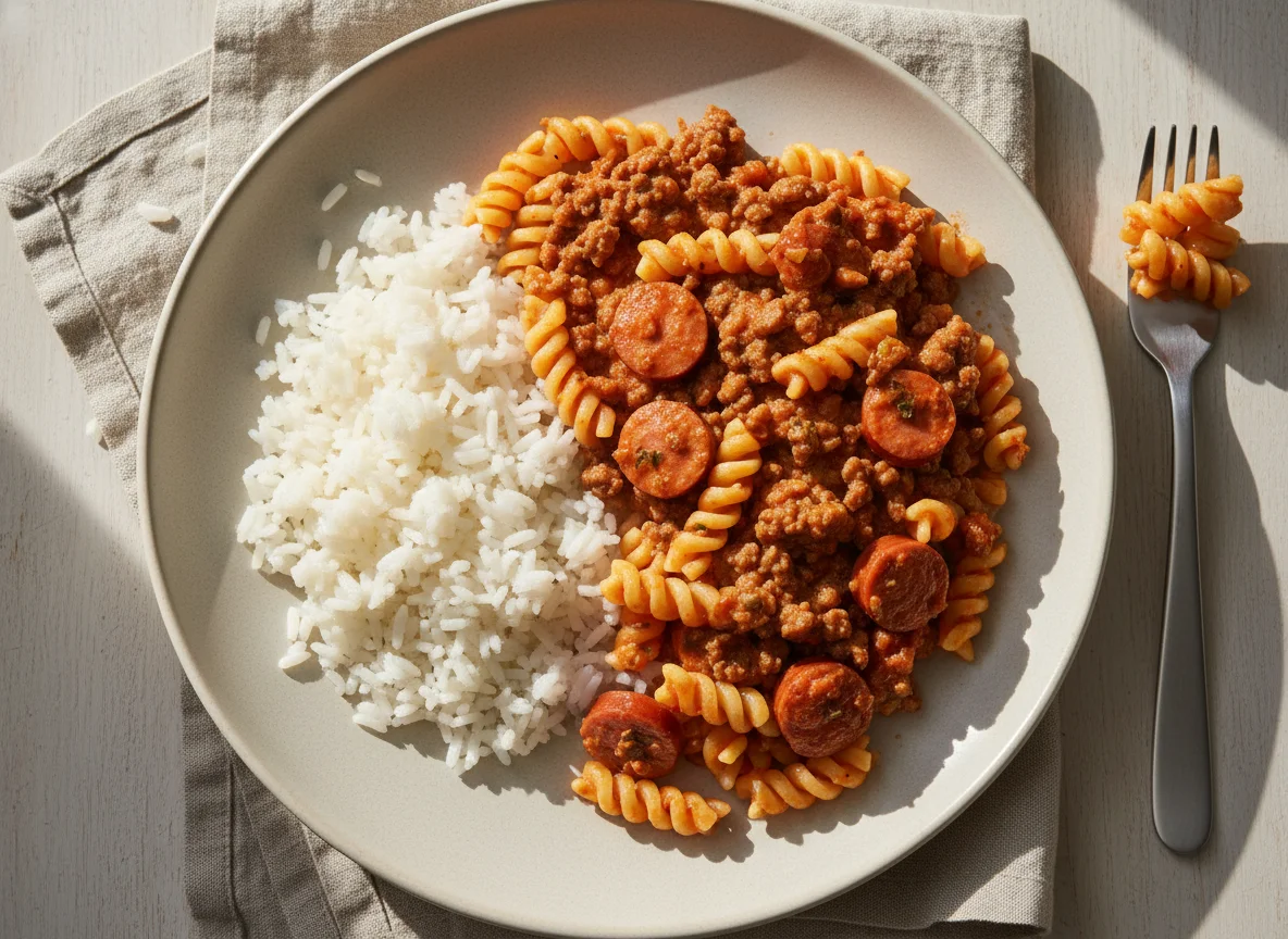 Macarrão com carne moída e arroz photo