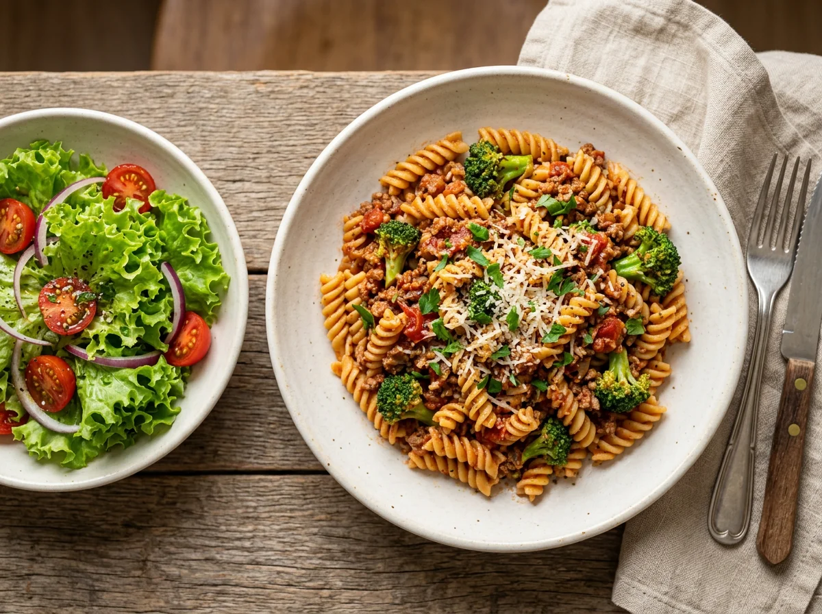 Macarrão com carne moída e brócolis, salada de alface e tomate photo