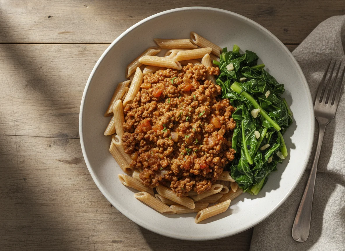 Macarrão com carne moída e couve refogada photo