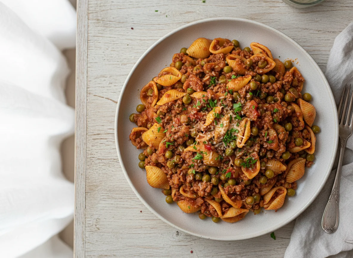 Macarrão com carne moída e ervilha photo