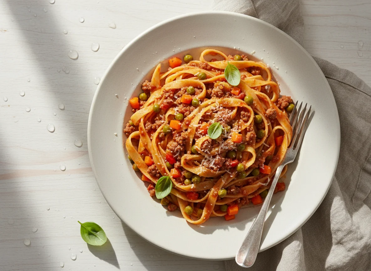 Macarrão com Carne Moída e Ervilhas photo