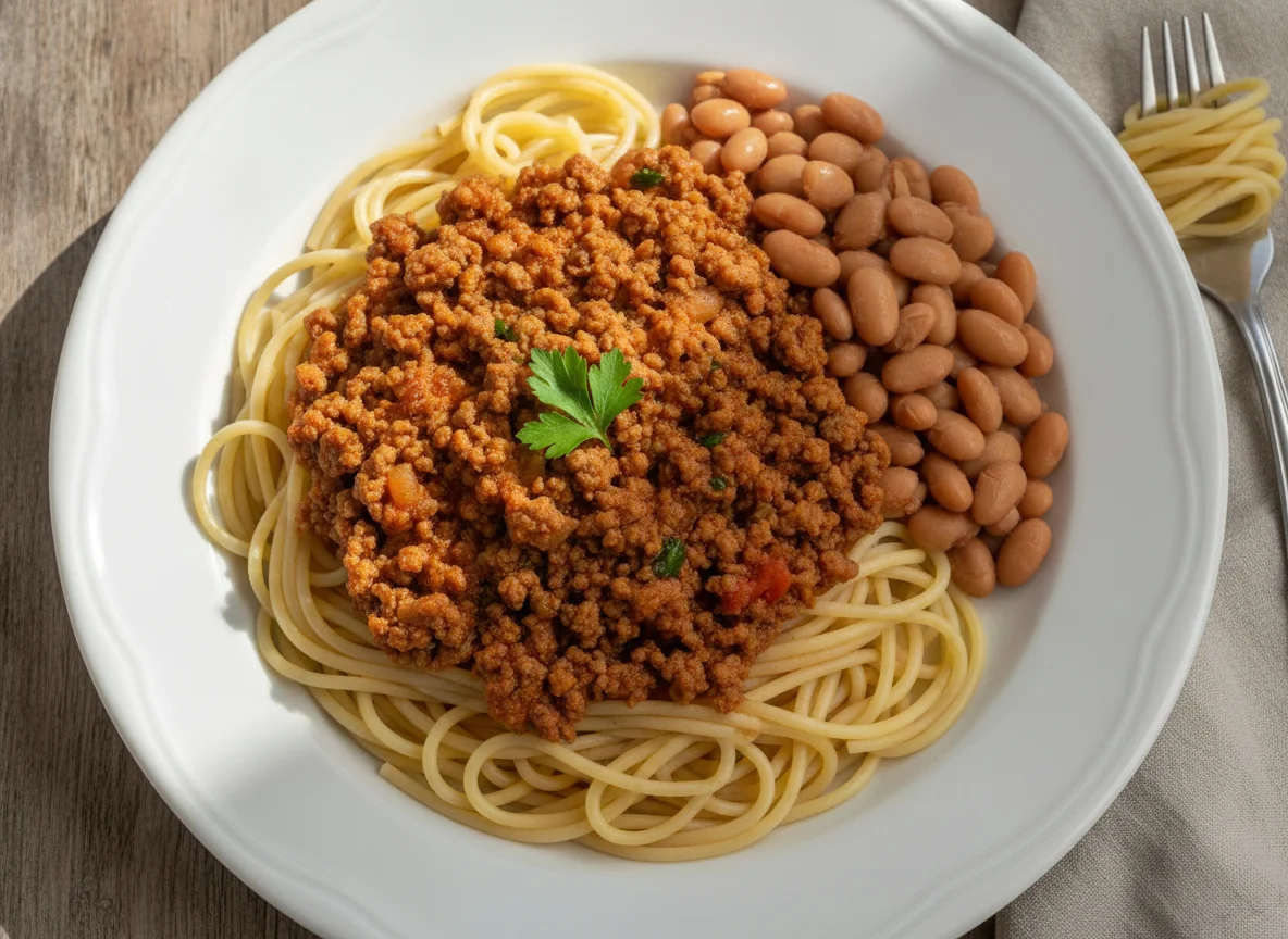 Macarrão com carne moída e feijão photo