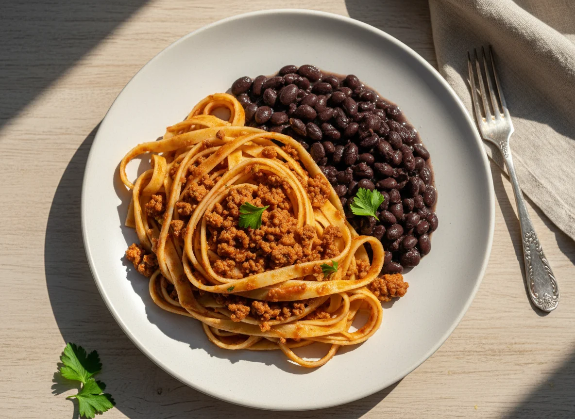 Macarrão com carne moída e feijão preto photo