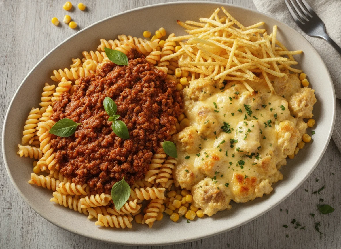 Macarrão com carne moída e fricassê de frango photo