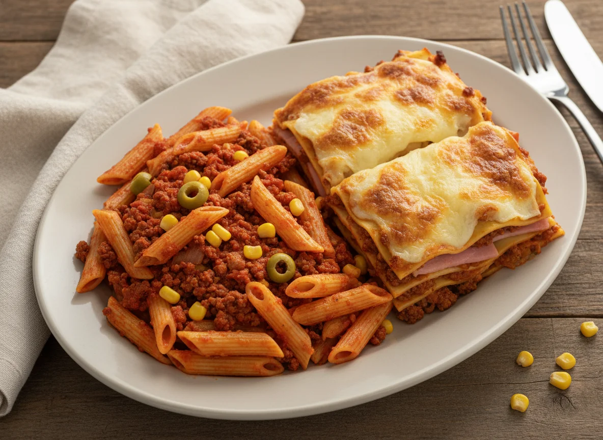 Macarrão com carne moída e lasanha photo