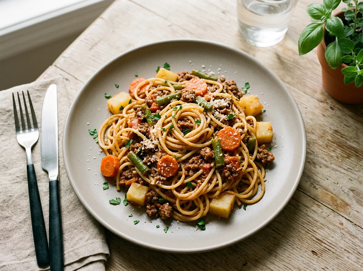 Macarrão com carne moída e legumes photo