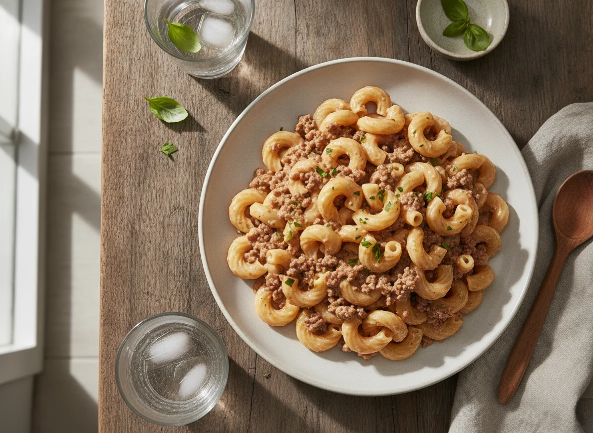 Macarrão com carne moída e molho rosê photo