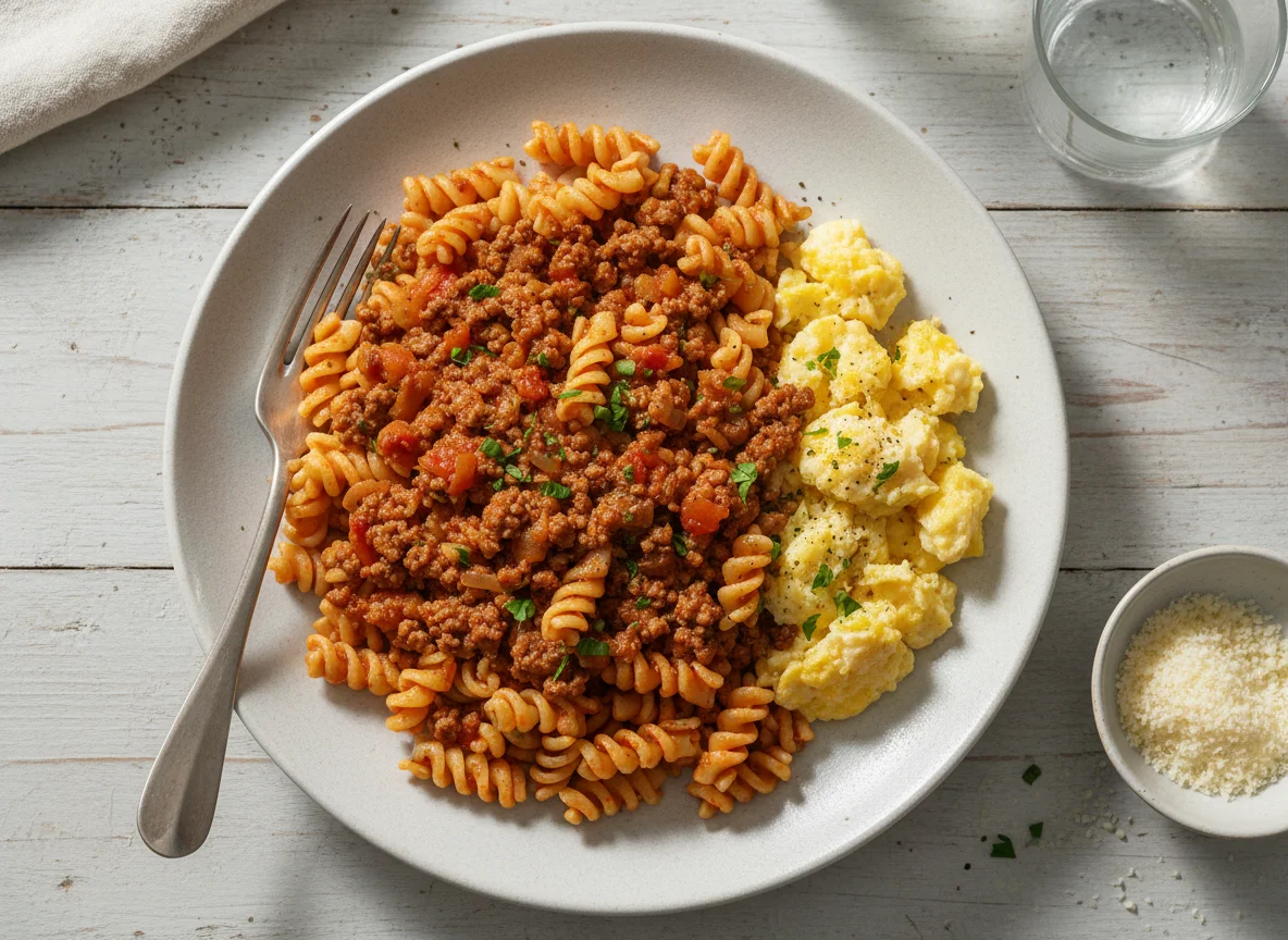 Macarrão com carne moída e ovos mexidos photo