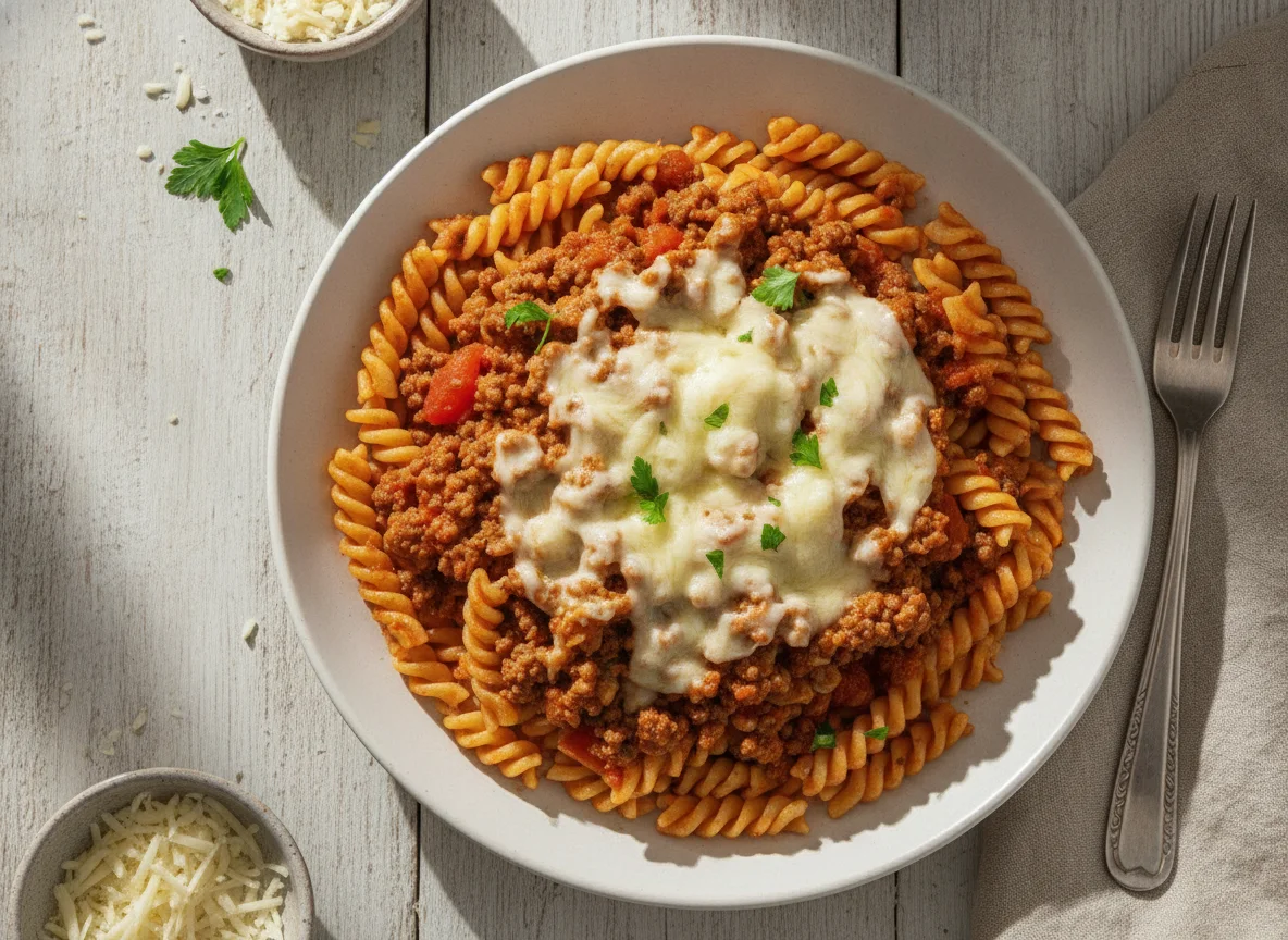 Macarrão com carne moída e queijo photo