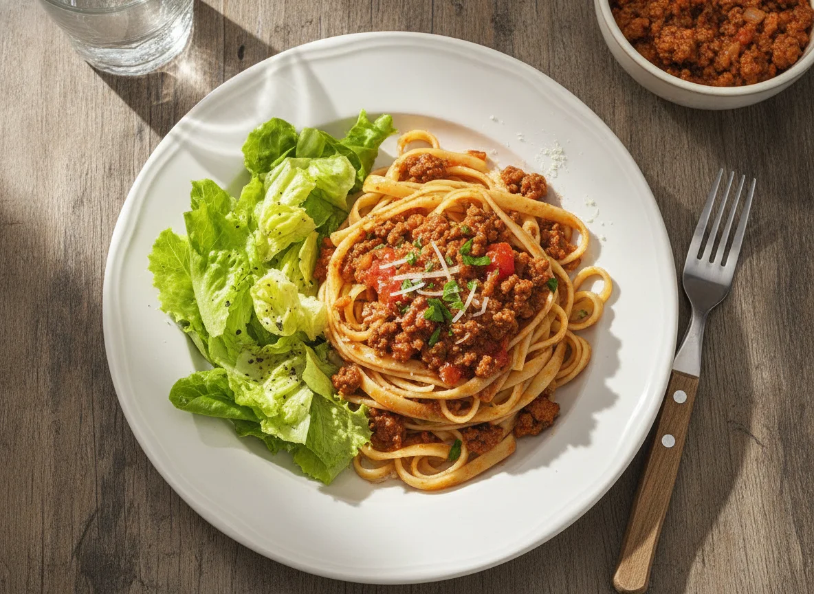 Macarrão com carne moída e salada photo