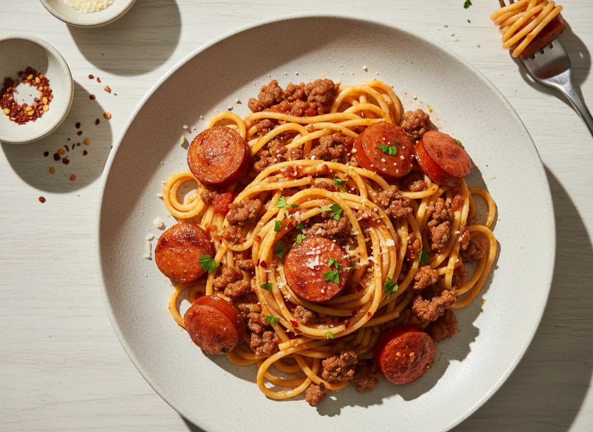 Macarrão com carne moída e salsicha photo