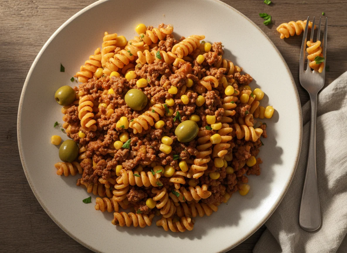 Macarrão com carne moída, milho e azeitonas photo