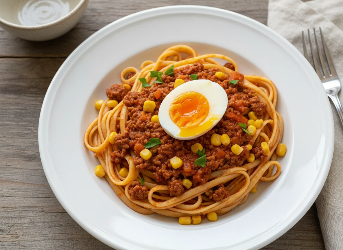 Macarrão com carne moída, milho e ovo cozido photo