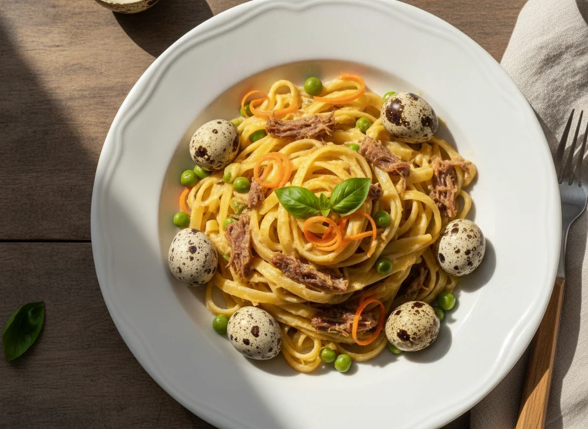 Macarrão com carne seca, ovos de codorna e molho quatro queijos photo